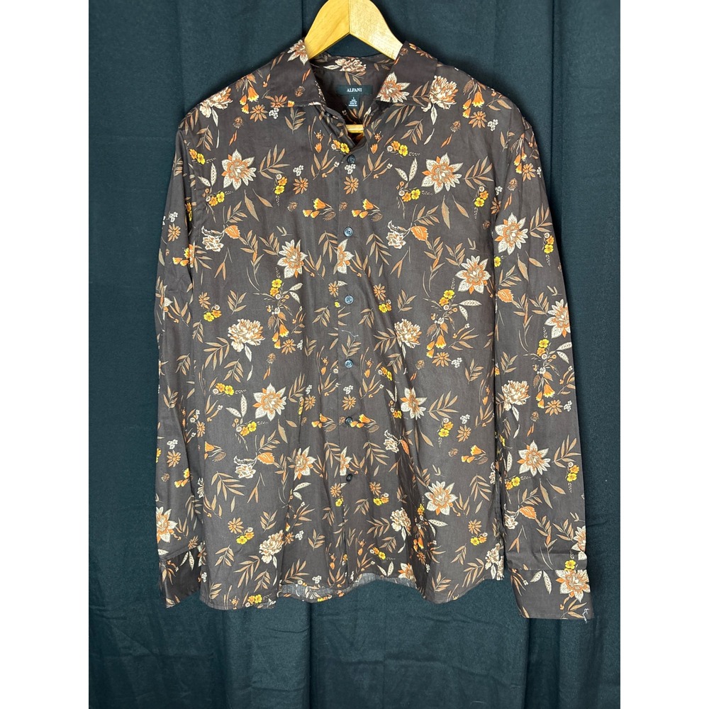 Alfani Mens Floral Button Up Shirt Brown Orange Long Sleeve Cotton Large